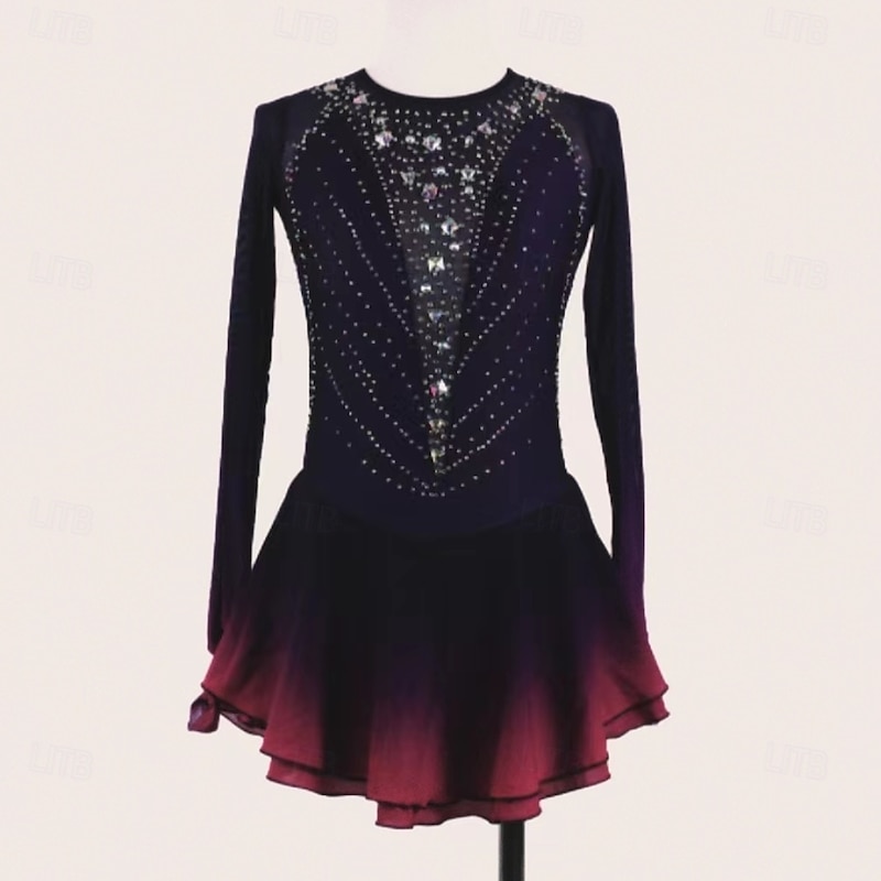 Figure Skating Dress Women's Girls' Ice Skating Dress Black Red Thumbhole Open Back Mesh Spandex Stretchy Training Practice Professional Skating Wear Thermal Warm Classic Crystal / Rhinestone Long