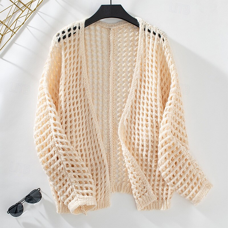 Women's Cardigan Daily Geometric Crochet Open Front Knitted Long Sleeve Long Tops Knit Outdoor Daily Going out White Beige Summer Fall4