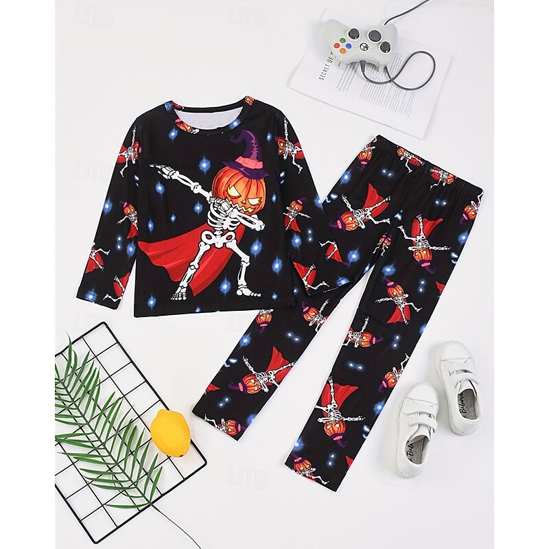 Boys 3D Pumpkin Pajama Sets Tee & Pants Pajama Sets Long Sleeve 3D Print Fall Winter Active Basic Polyester Kids 4 years+ Crew Neck Home Daily Regular Fit3