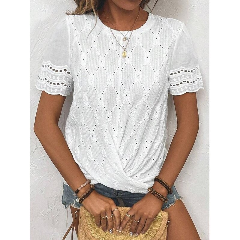 Women's Blouse Elegant Modern Solid Color Eyelet Short Sleeve Crew Neck Daily White Summer3