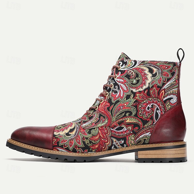 Men's Premium Leather Floral Oxford Boots – Vintage Paisley Design, Bohemian Lace-Up Ankle Boots for Casual & Formal Occasions4