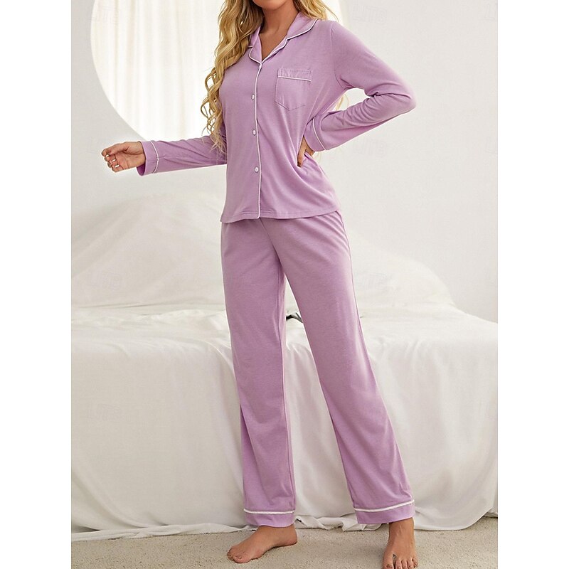 Women's Pajamas Sets Pure Color Fashion Basic Comfort Home Daily Bed Breathable Lapel Long Sleeve Shirt Pant Button Pocket Fall Winter Home Outfits 5