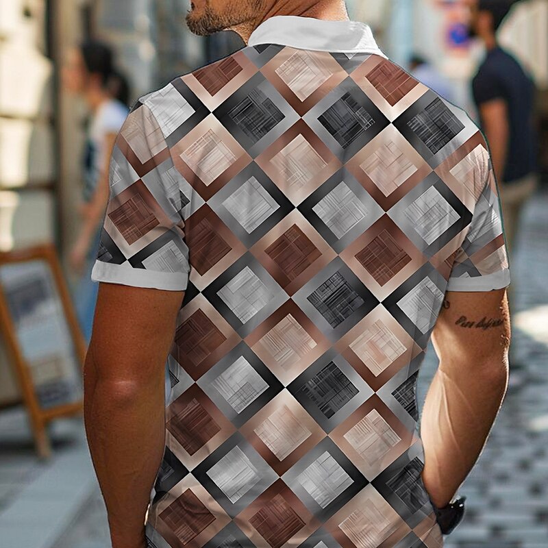 Men's Geometric Golf Shirt Short Sleeve Polo Shirts Collared Shirts Vintage Casual Vacation Wear Formal Wear Festival Wear Buttons 3D Print Summer Brown2