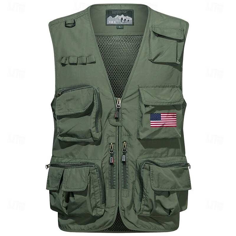 Men's American US Flag Waistcoat Gilet Fishing Vest Tactical Practical Removable Casual Sports Outdoor Fishing Photography Side Pockets Quick Dry Mesh Collarless Sleeveless Army Green Dark Blue2