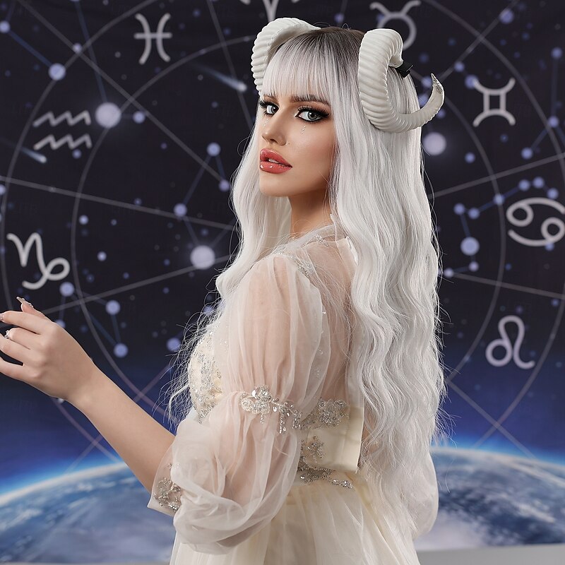 Synthetic Wig Uniforms Career Costumes Princess Curly Wavy Middle Part Layered Haircut Machine Made Wig 24 inch Black / White Synthetic Hair Women's Cosplay Party Fashion White4