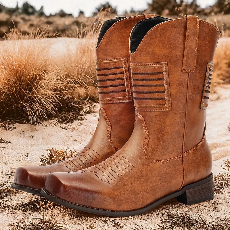 Men's Brown Faux Leather Western Cowboy Boots - Vintage Style with Unique Stitching and Striped Details for Outdoor Wear