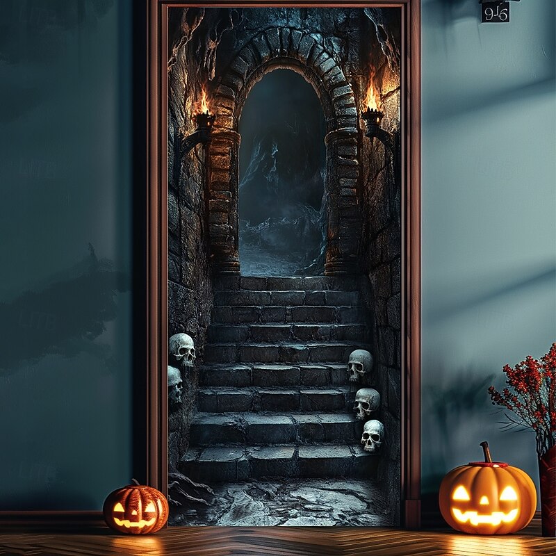 Halloween Door Decorations Halloween Door Covers Creepy Gloomy Door Tapestry Door Curtain Decoration Backdrop Door Banner for Front Door Farmhouse Holiday Party Indoor Outdoor Decor Supplies3