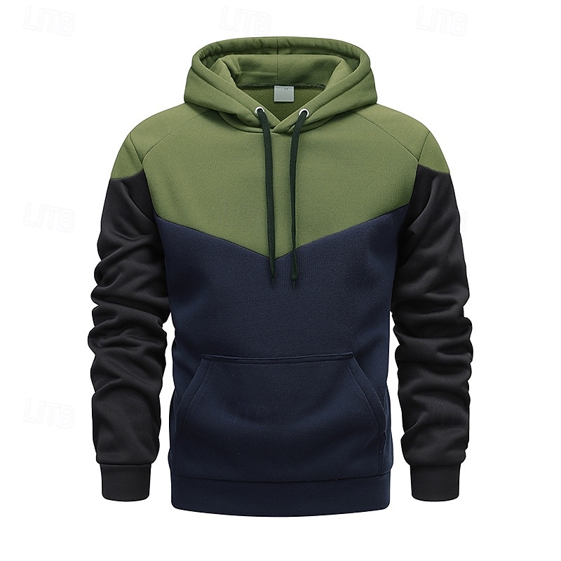 Men's Hoodie Army Green Hooded Color Block Patchwork Pocket Sports & Outdoor Daily Holiday Streetwear Basic Casual Spring &  Fall Clothing Apparel Hoodies Sweatshirts