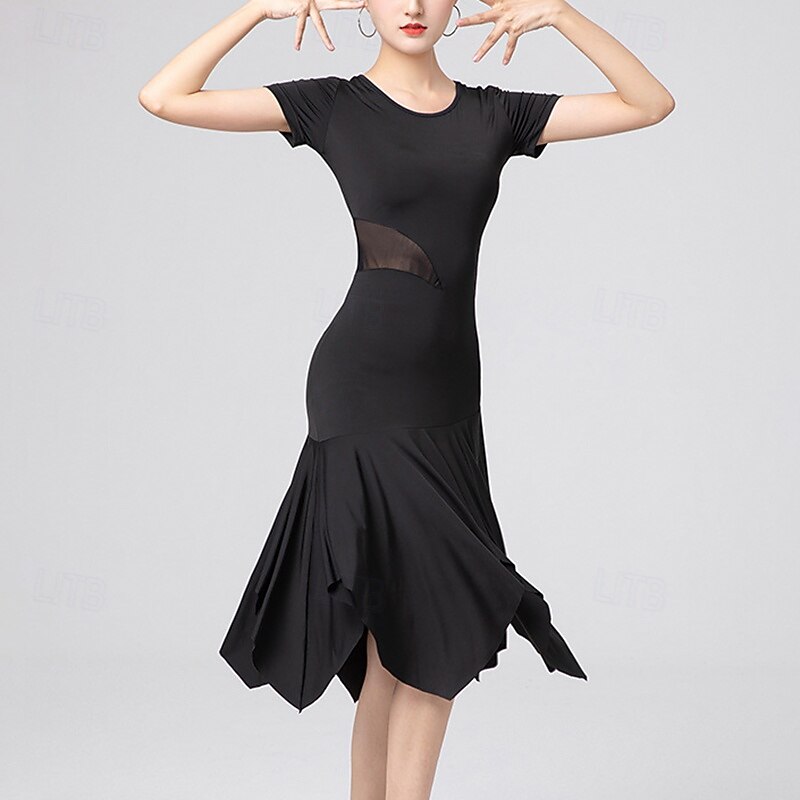 Latin Dance Dress Pure Color Splicing Women's Performance Training Short Sleeve High Polyester