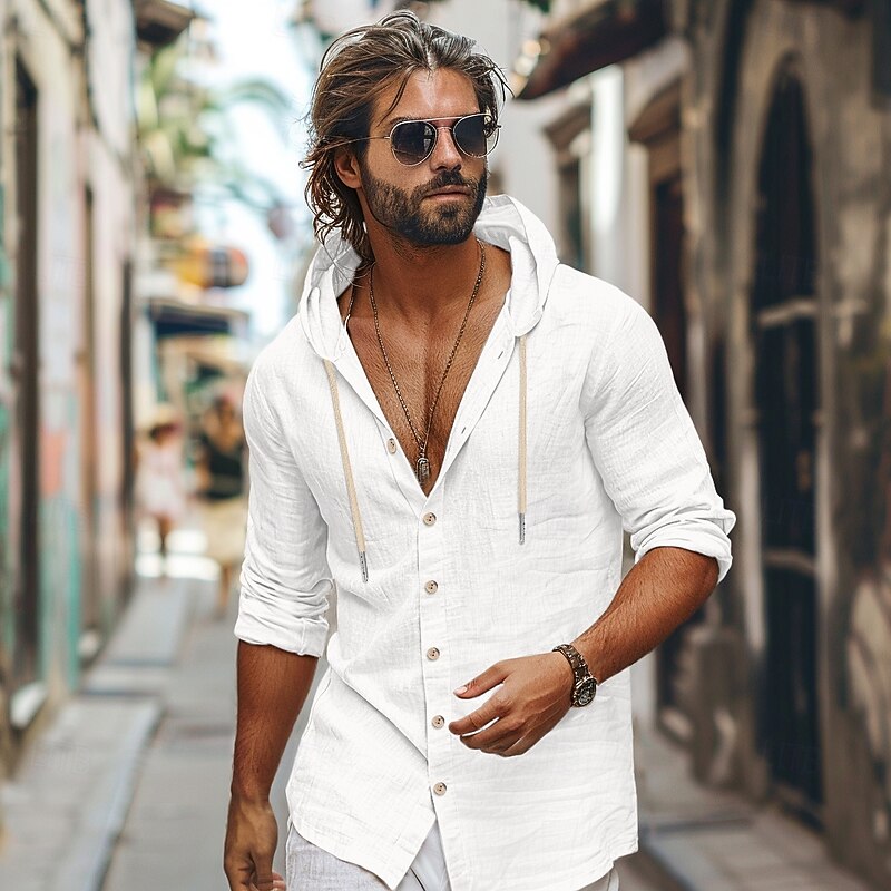 Men's Shirt Linen Shirt Beach Wear Button Up Shirt Hooded Shirt Plain Casual Daily Black White Green Khaki Long Sleeve Hooded Spring & Summer Clothing Apparel Buttons2