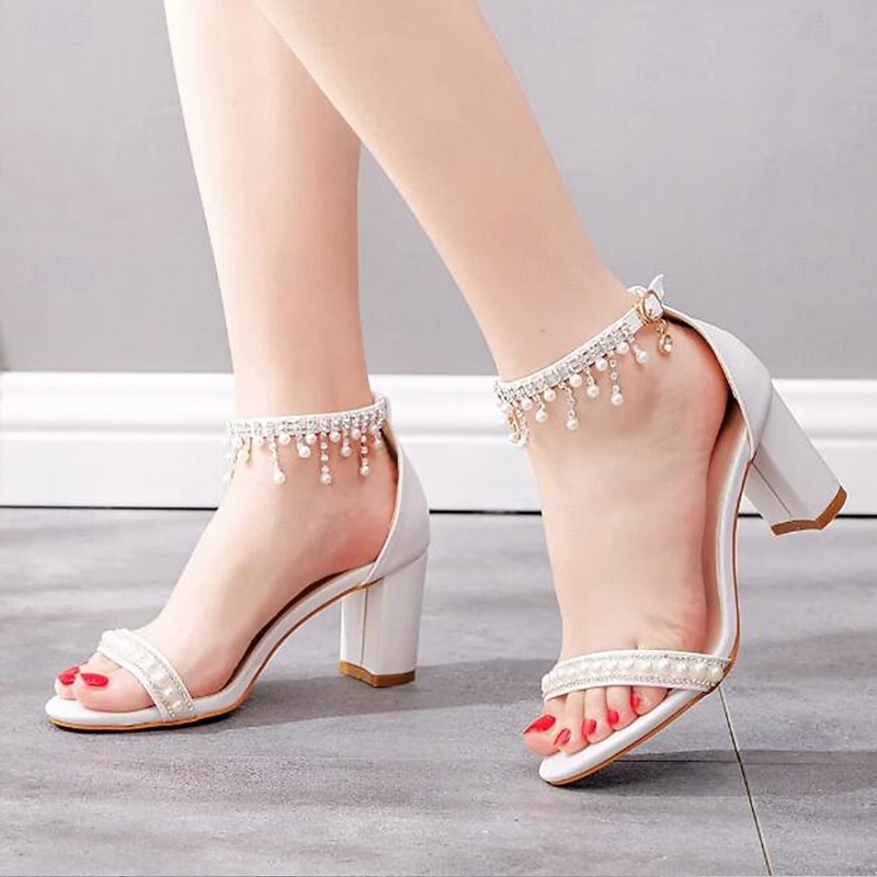 White Pearl Ankle Strap Block Heel Sandals for Women – Elegant Open Toe High Heels for Wedding, Party, Prom4