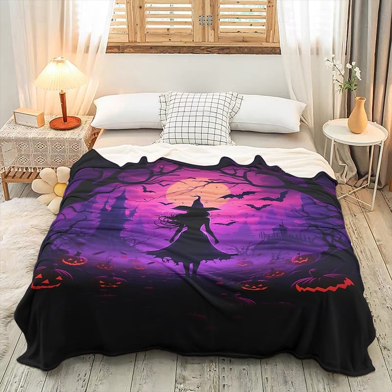 Halloween Decoration Witch Throw Blanket - Soft and Cozy Fleece with Enchanting Witch Design - Perfect for Adding a Spooky Touch to Your Home Decor - High-Quality and Durable Fabric