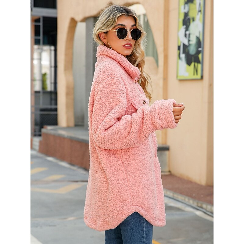 Women's Fleece Jacket Teddy Coat Warm Pocket Modern Plain Work Single Breasted Turndown Regular Fit Long Sleeve Outerwear Black White Pink Fall Winter4