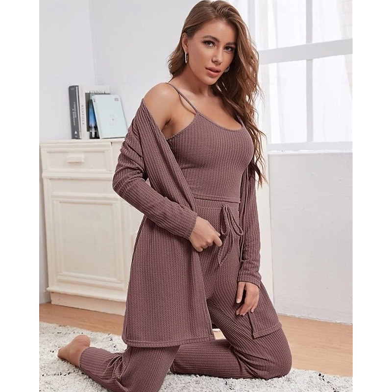 Women's Loungewear Sets 3 Pieces Pure Color Casual Comfort Home Comfort Straps Strap Top Pant Pocket Fall Winter Home Outfits2