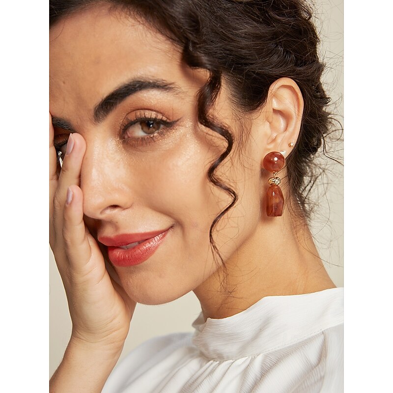 Women's Resin and Alloy Drop Earrings with Red Beads and Gold Accents, Elegant Jewelry for Special Occasions and Daily Wear2