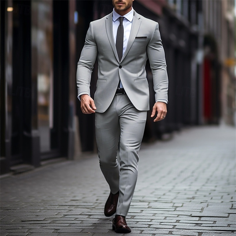 Men's Blazer Set Suits Business Cocktail Party Wedding Party Fashion Casual Spring &  Fall 65% Cotton Plain Pocket 2 Piece Comfortable Single Breasted Blazer Gray