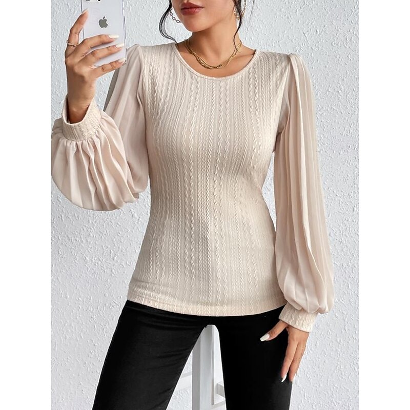 Women's Blouse Stylish Modern Long Sleeve Regular Tops Crew Neck Work Daily Camel Spring Fall3