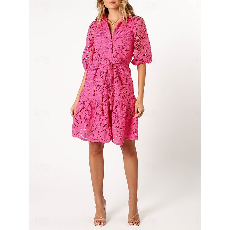 Women's Midi Dress Black Dress Lace Dress Cocktail Dress Formal Dress Elegant Casual Street Date Loose Fit Plain Half Sleeve Shirt Collar Black Pink Blue Summer Spring4