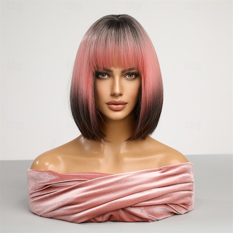Synthetic Wig Uniforms Career Costumes Princess Straight kinky Straight Middle Part Layered Haircut Machine Made Wig 14 inch Black / Pink Synthetic Hair Women's Cosplay Party Fashion Pink4
