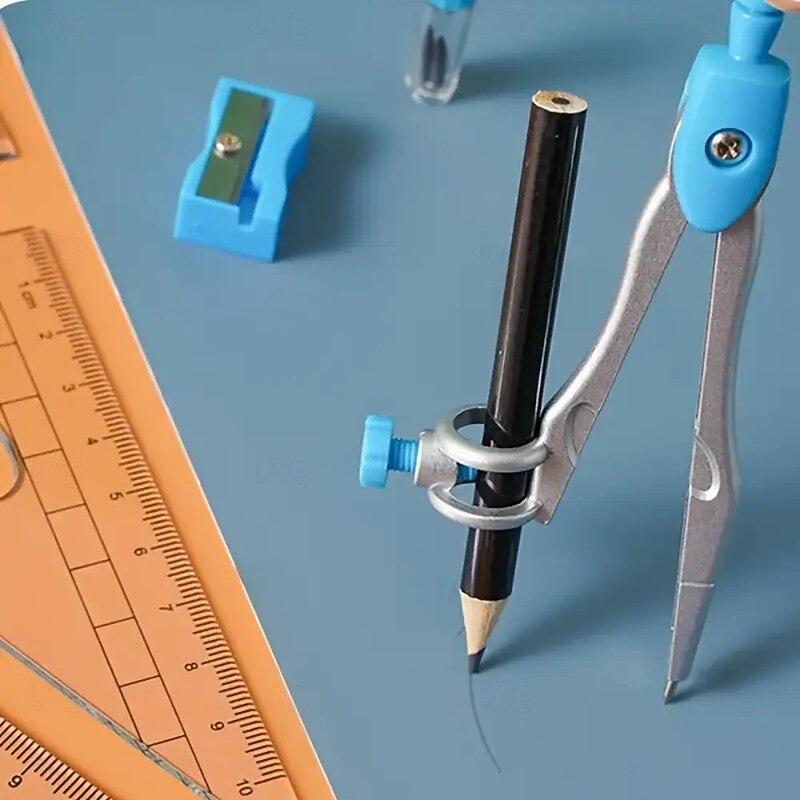 10pcs Geometry Compasses Set With Storage Box Rulers Protractor Compass Eraser Sharpener Lead Refills Pencil2