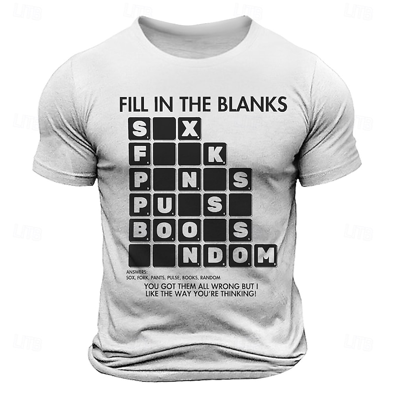 Men's Funny Graphic T-Shirt: Fill In The Blanks 'Dirty Mind' Puzzle Humor Tee with Scrabble Style Text3