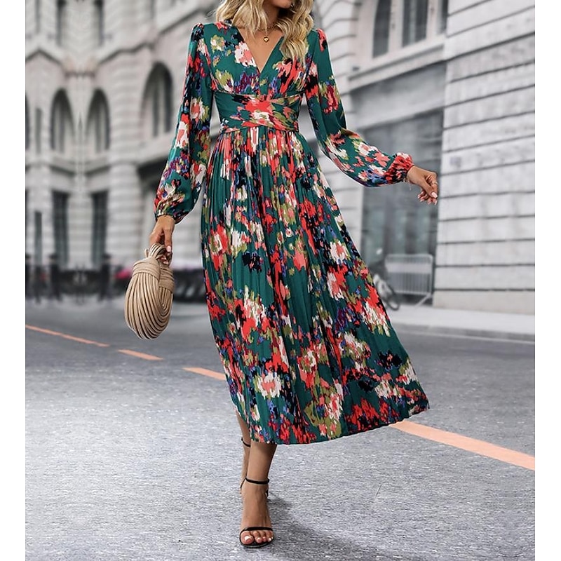 Women's Graphic Print V Neck Long Dress Maxi Dress Long Sleeve Spring Fall