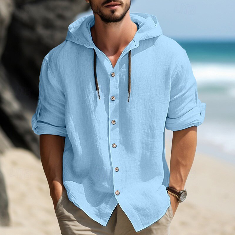 Men's Shirt Linen Shirt Calico Shirt Hooded Shirt Plain Vacation Casual Black White Blue Green Long Sleeve Hooded Spring & Summer Clothing Apparel Buttons2