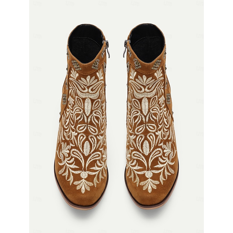 Women's Brown Embroidered Western Ankle Boots with Studded Details - Perfect for Casual Outings and Rodeo Events3