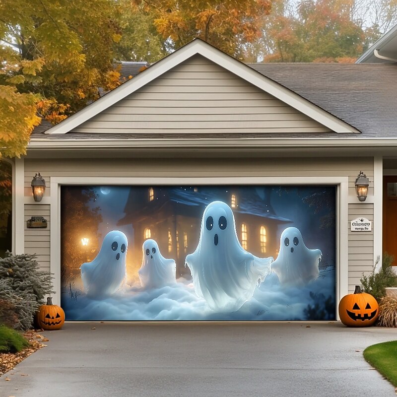 Halloween Door Decorations Outdoor Halloween Garage Door Cover Ghosts Banner Pumpkin Skeleton Outside Large Backdrop Decoration for Holiday Outdoor Garage Door Home Wall Decorations 10