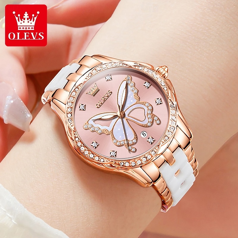OLEVS 5610 Women's Watches Elegant Fashion Rhinestone Bezel Ceramic Strap Wristwatch Waterproof Luminous Automatic Watch4