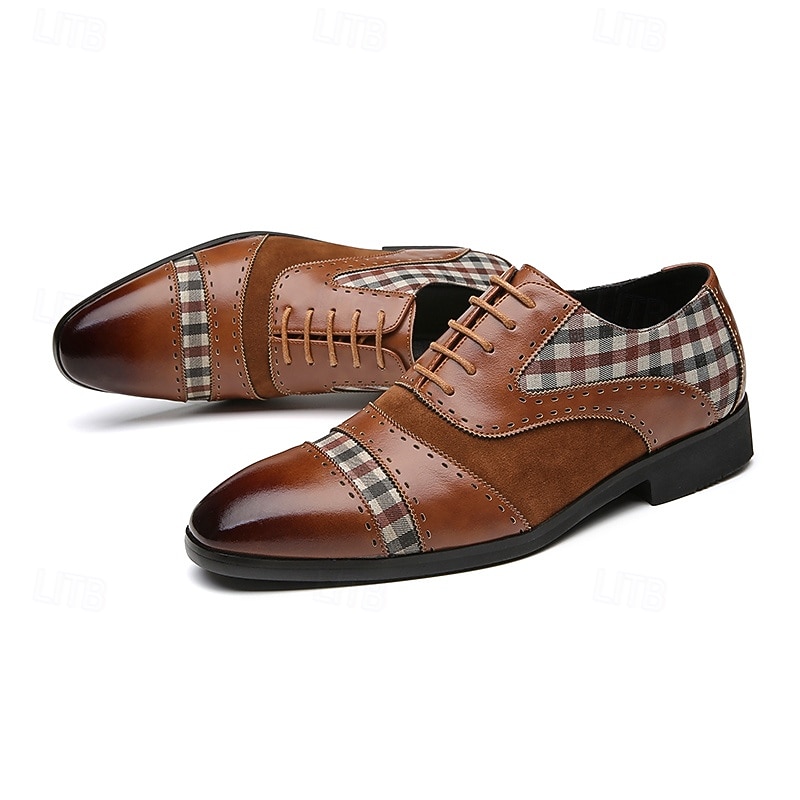 Men's Brown Leather and Suede Oxford Shoes with Plaid Pattern - Stylish and Comfortable for Formal and Casual Wear2