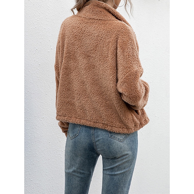 Women's Fleece Jacket Teddy Coat Warm Breathable Zipper Pocket Fleece Lined Casual Color Block Vacation Street Daily Wear Going out Zipper Turndown Regular Fit Long Sleeve Outerwear White Camel Dark2