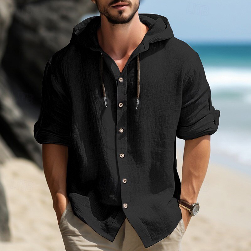 Men's Shirt Linen Shirt Calico Shirt Hooded Shirt Plain Vacation Casual Black White Blue Green Long Sleeve Hooded Spring & Summer Clothing Apparel Buttons4