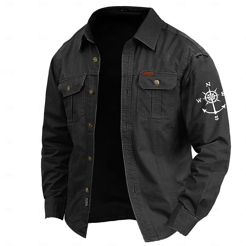 Men's Nautical Compass Work Shirt Western Shirt Cargo Shirt Long Sleeve Casual Tactical Sports & Outdoor Going out Winter Spring &  Fall Turndown Print Black Army Green Blue Khaki4