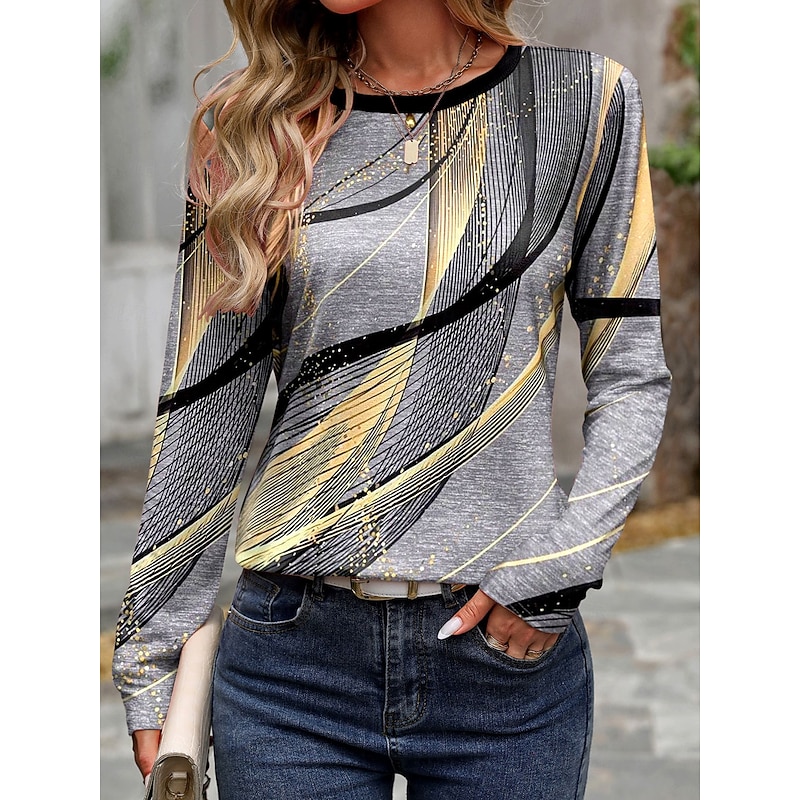 Women's T shirt Long Sleeve Crew Neck Long Sleeve Tunic Casual Print Regular Tops Daily Light Grey Spring Fall Prefall