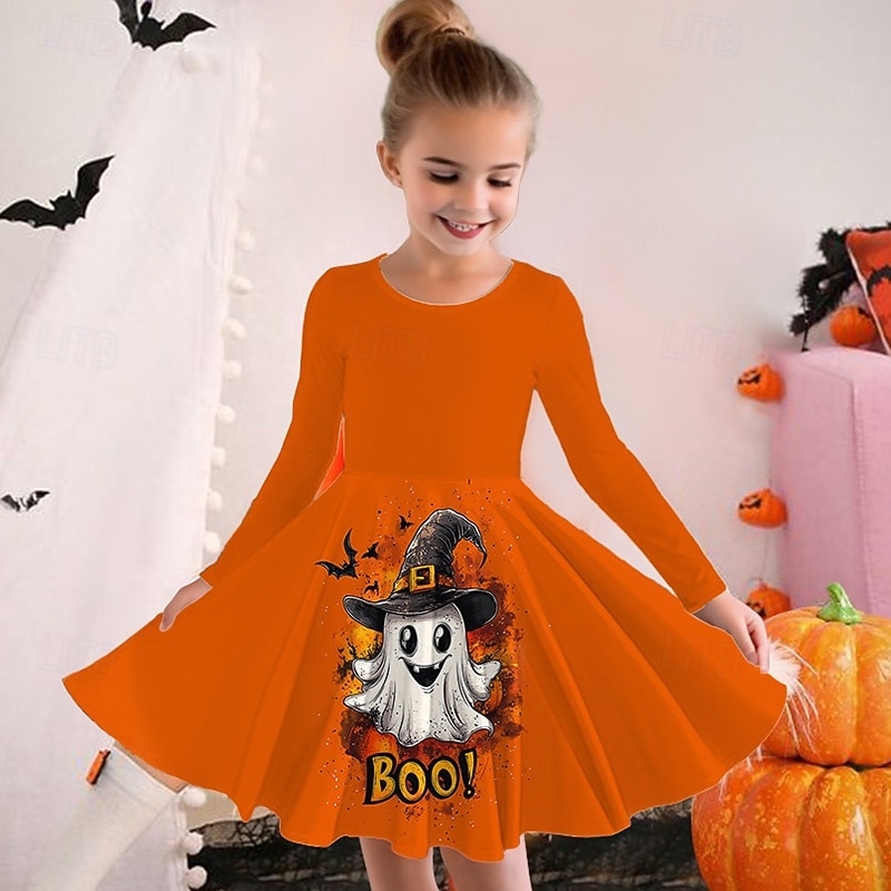 Halloween Girls' 3D Graphic Ghost Dress Long Sleeve Summer Spring Daily Holiday Vacation Princess Beautiful Sweet Kids 4-12 Years Casual Dress A Line Dress Knee-length Polyester Regular Fit