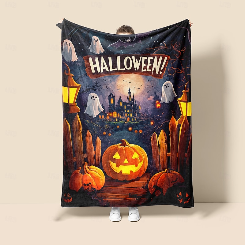 Halloween Decoration Jack O' Lantern Pumpkin Throw Blanket - Soft and Cozy Fleece with Festive Pumpkin Design - Perfect for Halloween Decor and Keeping Warm3