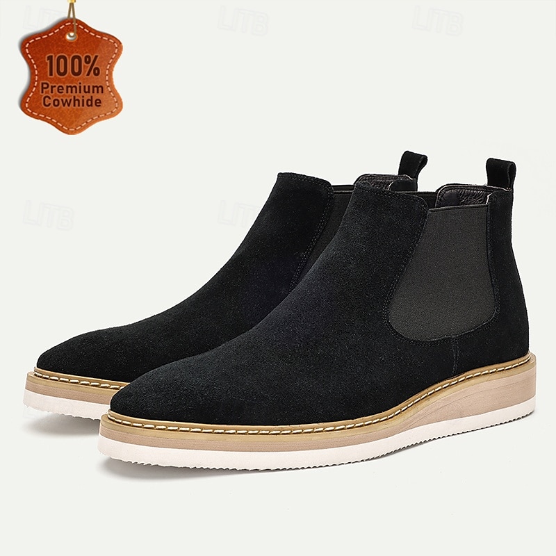 Men's Black Sanded Genuine Leather Chelsea Boots with White Sole - Stylish and Comfortable for Casual and Formal Wear