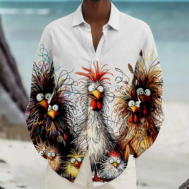 Men's Rooster Beach Shirt Button Up Shirt Long Sleeve Hawaiian Casual Vacation Daily Fall Winter Spring & Summer Collared Shirts 3D Print Light Blue Violet Black White Yellow