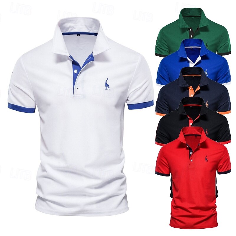 Men's Golf Shirt Golf Polo Work Casual Lapel Short Sleeve Basic Modern Deer Button Embroidery Spring & Summer Regular Fit Depression Green Black White Red Navy Blue Royal Blue Golf Shirt