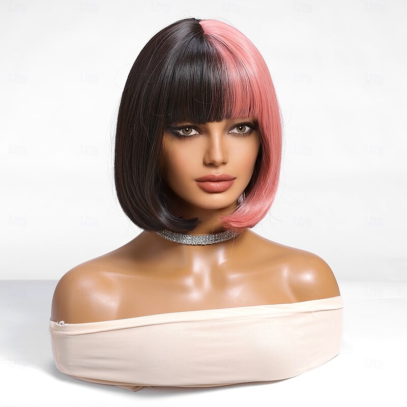 Synthetic Wig Uniforms Career Costumes Princess Straight kinky Straight Middle Part Layered Haircut Machine Made Wig 12 inch Black / Pink Synthetic Hair Women's Cosplay Party Fashion Black4