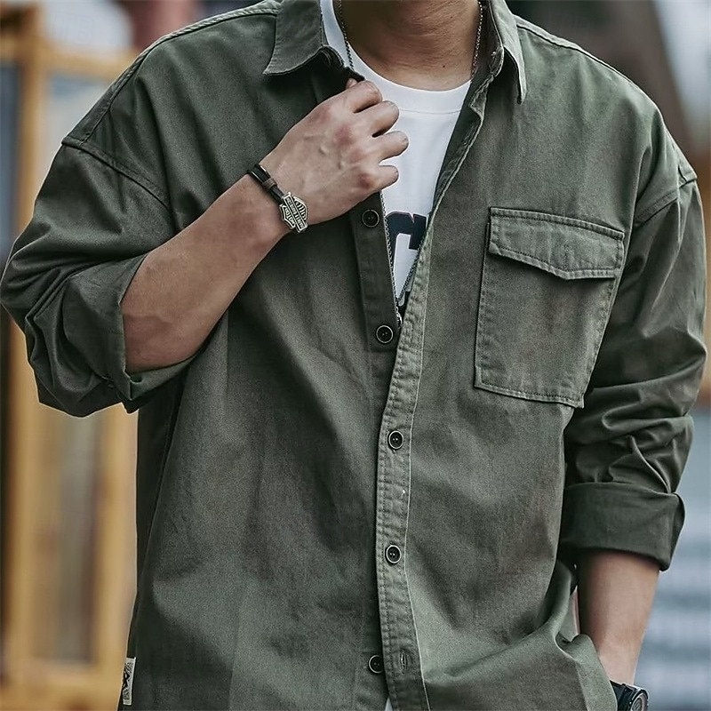 Men's Shirt Summer Shirt Button Up Shirt Casual Shirt Work Shirt Green Long Sleeve Plain Lapel Holiday Vacation Pocket Clothing Apparel Fashion Casual Comfortable3