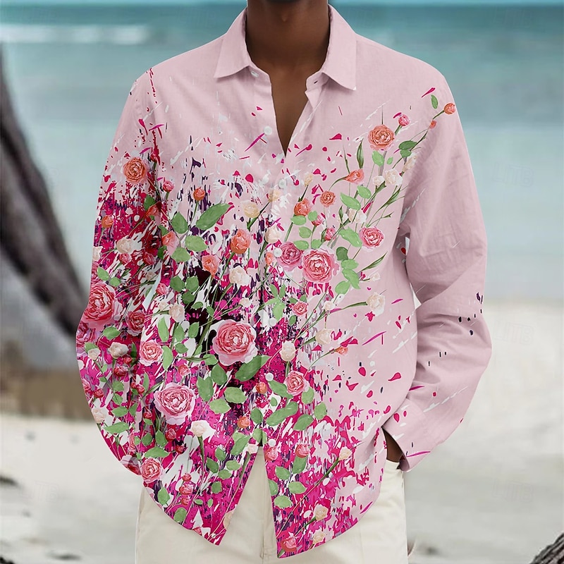 Men's Floral Beach Shirt Button Up Shirt Long Sleeve Hawaiian Casual Vacation Daily Fall Spring & Summer Collared Shirts 3D Print White Pink Blue Purple Green2