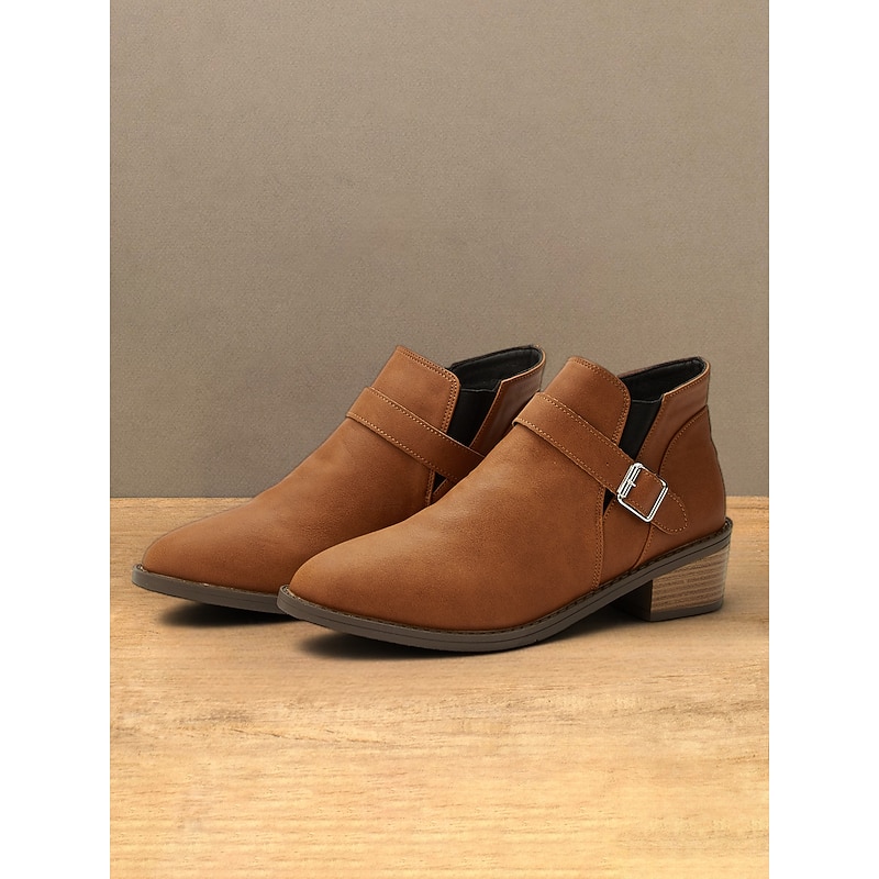 Women's Brown Faux Leather Ankle Boots with Buckle Detail in Western Style for Casual and Everyday Wear