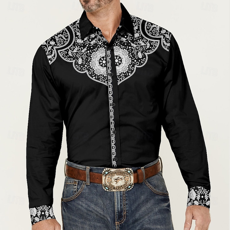 Men's Cowboy Western Shirt Button Up Shirt Cowboy Shirt Long Sleeve Vintage Western Style Daily Holiday Fall Winter Spring & Summer Turndown Collared Shirts Button Up 3D Print Black Wine Blue Green2