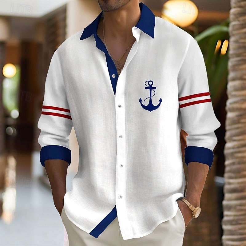 Men's Nautical Pirate Beach Shirt Button Up Shirt Long Sleeve Hawaiian Casual Vacation Daily Fall Winter Spring & Summer Turndown Collared Shirts Button Up 3D Print White