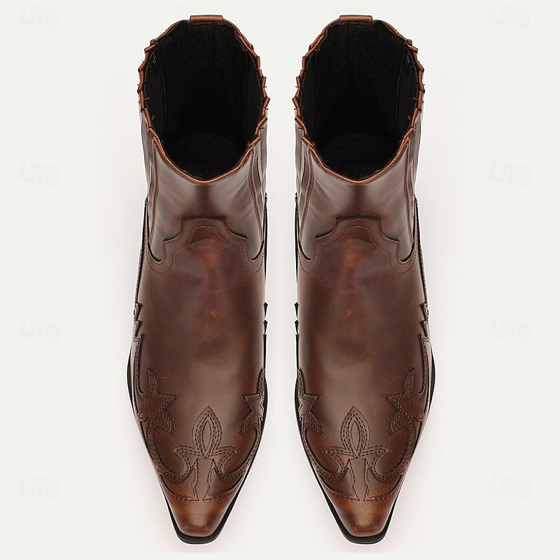 Men's Brown Faux Leather Western Ankle Boots - Vintage Style with Intricate Embroidery for Cowboy and Casual Wear4