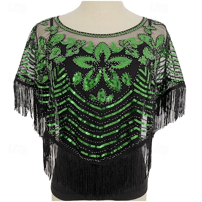 Vintage Glamour Shawl - Breathable, Sequin-Embellished, Tassel-Trimmed, Elegant Flapper Style with Matching Coat for Women's Evening Wear - Thin, Short, Smock Design, Perfect for Formal Occasions4
