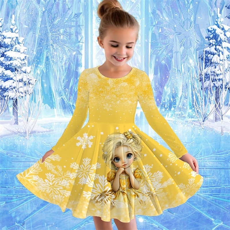 Girls' 3D Graphic Cartoon Snowflake Dress Snowflake Dress Long Sleeve Summer Spring Vacation Daily Holiday Beautiful Sweet Kids 4-12 Years Casual Dress A Line Dress Knee-length Regular Fit