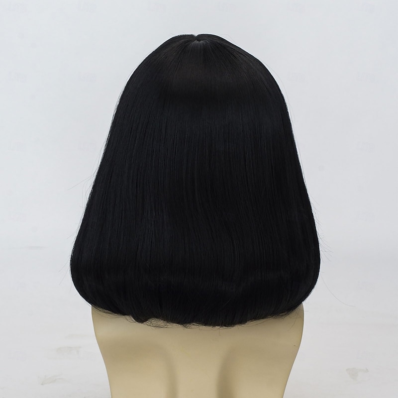 Unisex Natural Black Straight Flip Short Full Explosion Realistic Carnival Costume Cosplay Synthetic Bob Wig Halloween Wigs4